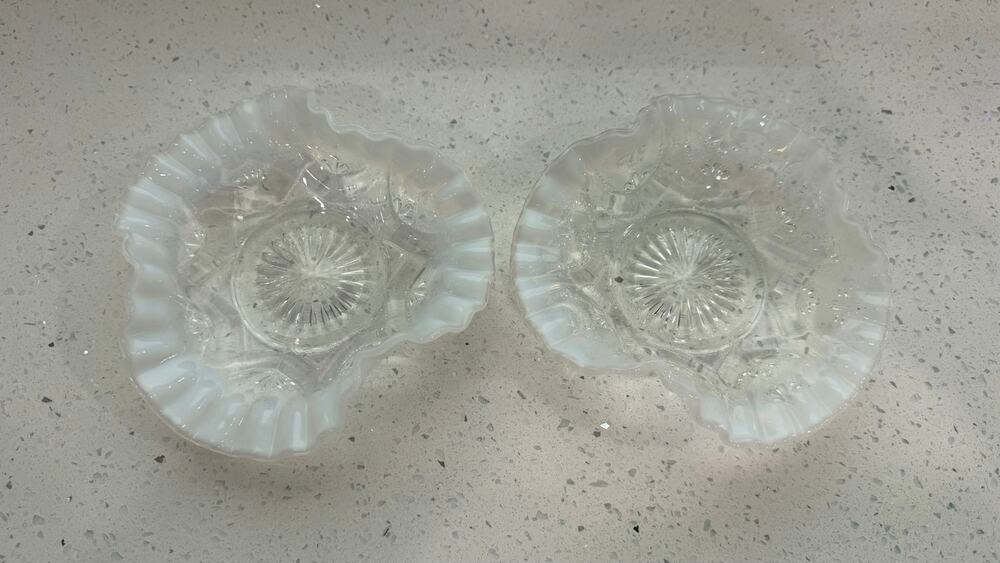 Antique Dugan Jeweled Heart Victor Opalescent Berry Bowls Pair c1905